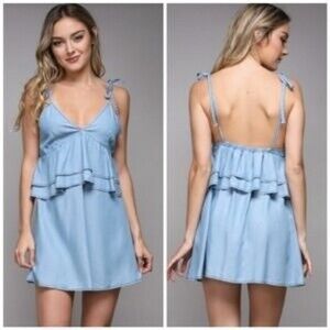 DO+BE Chambray Mini Dress Womens M Blue Tie Strap Ruffle Layered Boho Soft Girl